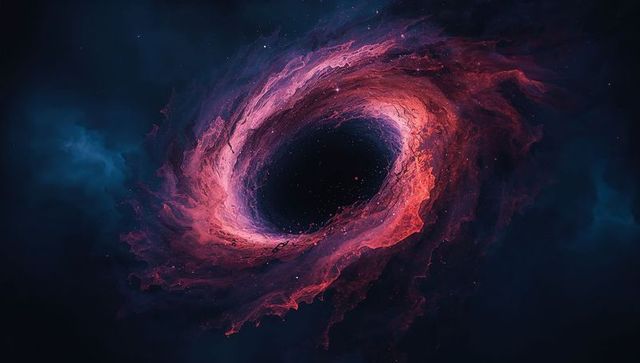 Infinite red-purple vortex swirling around black hole in deep space