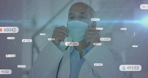 Senior Doctor in Hospital Adjusting Surgical Mask with Digital Interface