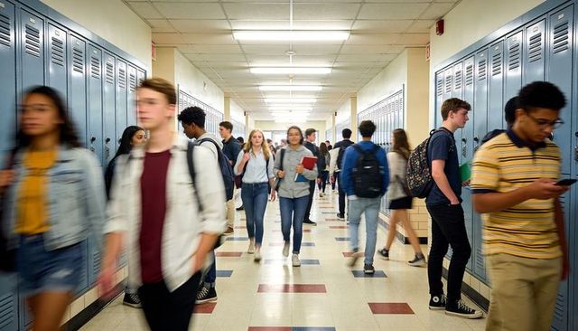 High school students walking through busy corridor with backpacks and blue lockers