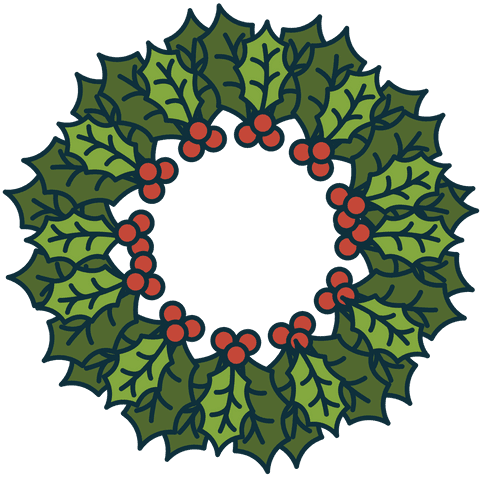 Traditional Green Christmas Wreath with Holly on Transparent Background