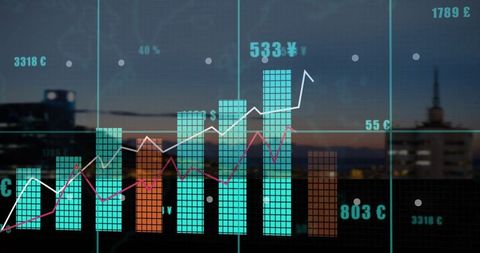 Financial Growth Charts Over Cityscape at Dusk