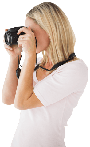 Happy blonde woman taking photos with camera transparent background