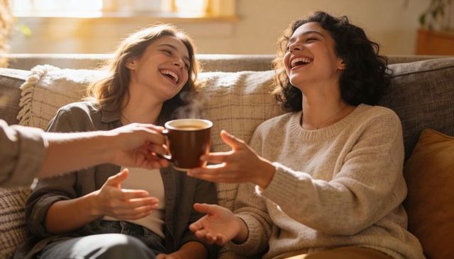 Laughing young friends sharing steaming coffee on sunlit sofa, cozy warm home moment