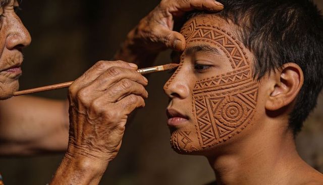 Elder applying raised clay facial ornament on teen man during ceremonial ritual