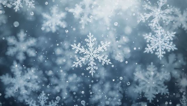 Macro snowflake glittering with crystal detail, floating droplets and bokeh winter scene