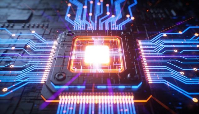 Glowing Processor Chip Emitting Orange Core and Radiating Neon Blue-Purple Circuit Traces