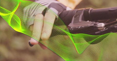 Active Biker on Forest Trail with Digital Technology Enhancement