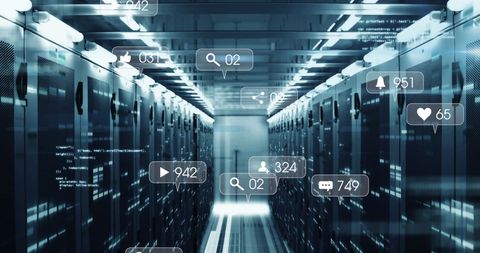 Social Media Icons Overlay on Data Center Servers Concept - Download Free Stock Images Pikwizard.com