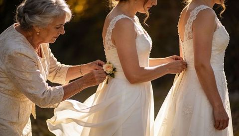 Mother fastening corsage and adjusting wedding gown during golden hour outdoor preparations