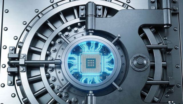 Vault door revealing glowing microchip and circuitry symbolizing secure digital storage