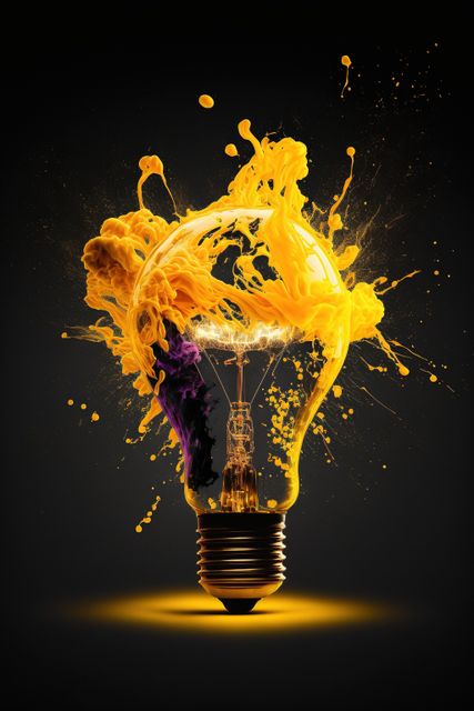 Artificial light bulb surrounded by vibrant splashes of yellow and purple paint creating an abstract, artistic feel. Ideal for concepts related to creativity, innovation, artistic expression, and inspiration. Suitable for advertisements, posters, artwork, and digital media requiring a bold and imaginative visual element.