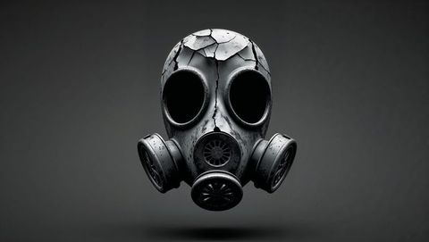 Apocalyptic cracked floating gas mask in dark futuristic background