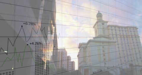 Digital data overlay on urban skyline illustrating financial growth