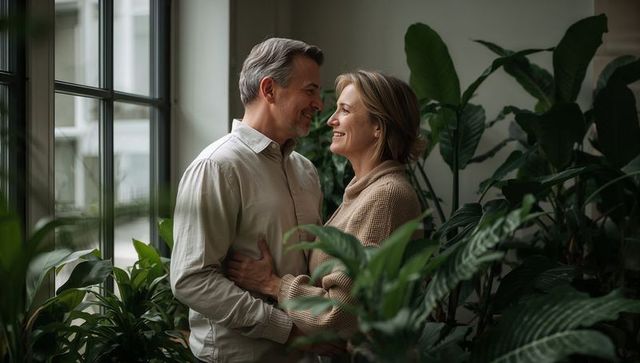 Midlife couple embracing among lush houseplants by sunlit multi-pane window, neutral tones