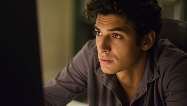 Young man concentrating on computer screen in home office at night with warm desk lighting