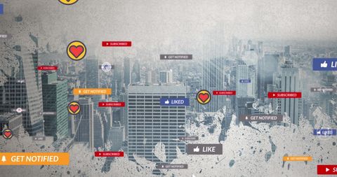 Social media icons overlaying urban skyline