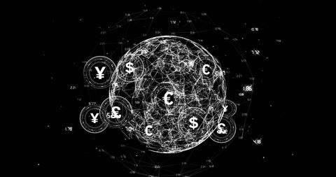 Digital globe featuring currency connections on black void