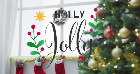 Festive Holiday Decorating with Christmas Tree and Holly Jolly Greeting - Download Free Stock Images Pikwizard.com