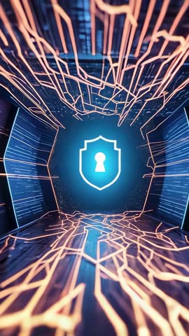 Pulsing Shield Keyhole Guiding Neon Circuit Tunnel — Cybersecurity Vertical Animated Loop