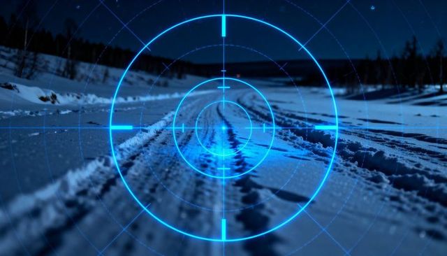 Futuristic blue hud crosshair highlighting tire tracks on snowy rural road at night