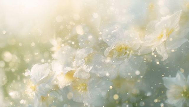 Dreamy white blossoms with pastel bokeh light, delicate spring macro background, soft-focus