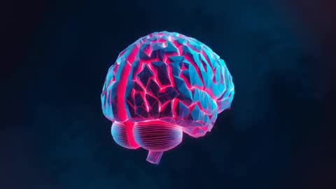Rotating 3D Brain with Neon Model Highlighting Technology Symbols