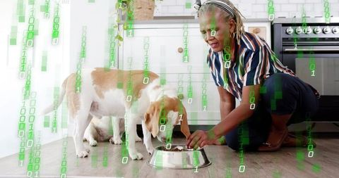 Senior woman kneeling feeding beagle in kitchen with green binary overlay for smart pet tech
