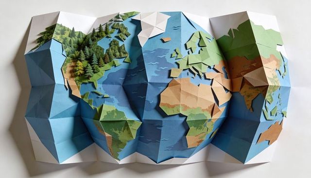 Folded paper globe featuring pop-up forests, faceted low-poly continents and ocean folds