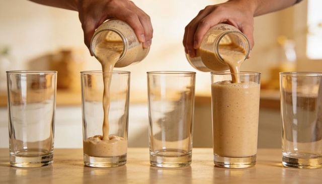 Pouring creamy peanut butter banana smoothie into tall glasses on wooden countertop