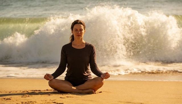 Woman meditating on sandy shoreline with breaking wave, ocean calm, sunrise yoga