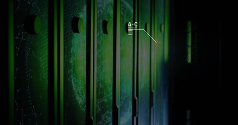 Green server rack with holographic globe hud monitoring overlay in high-tech datacenter