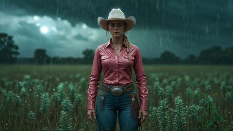 Resilient cowgirl standing in rainy wilderness at dusk