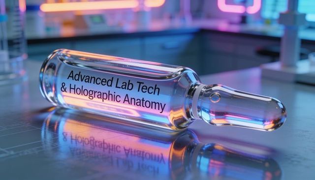 Iridescent ampoule lying on lab bench, glowing neon and reflecting holographic label