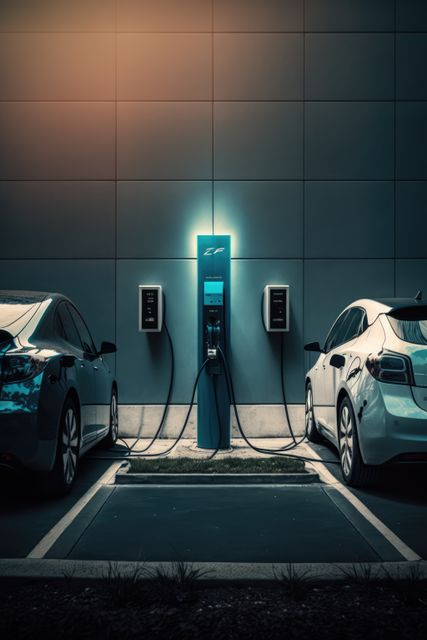 Two electric cars charging in charging station, created using generative ai technology - Download Free Stock Photos Pikwizard.com