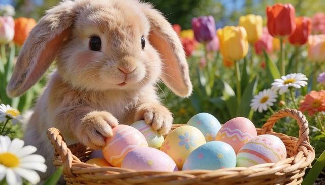 Fluffy bunny peeking over wicker basket of pastel easter eggs in colorful spring garden