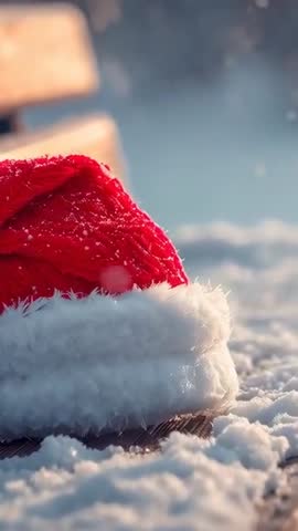 Vertical video: Falling snow dusting red Santa hat on frosted park bench, winter morning