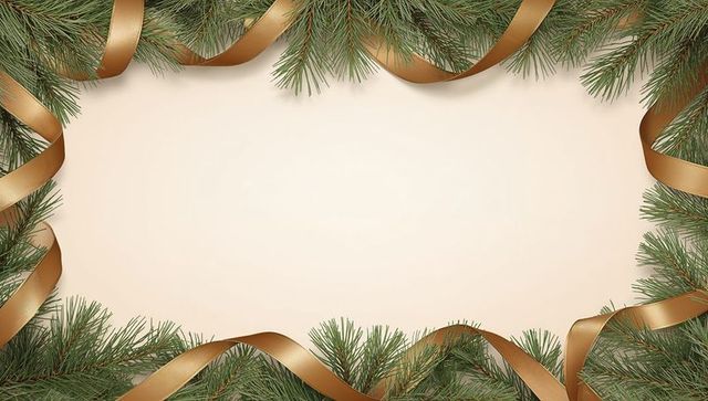 Framing Cream Parchment Panel with Pine Sprigs and Gold Ribbon Holiday Border