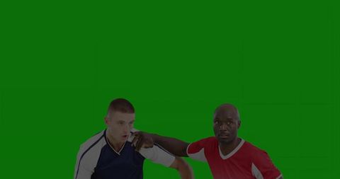 Reaching athletes in red and navy jerseys competing on green screen for composite sports