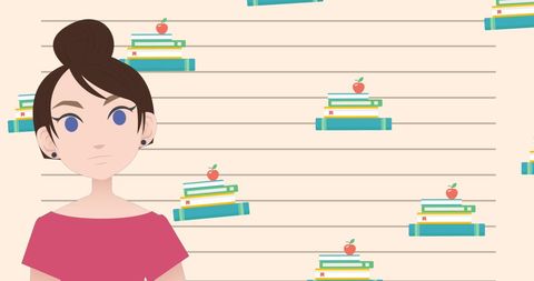 Illustrated woman advocating mentoring with book icons