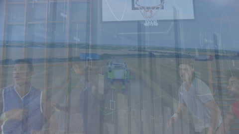 Animated Data Overlay on Basketball Court with Players Engaged in Game