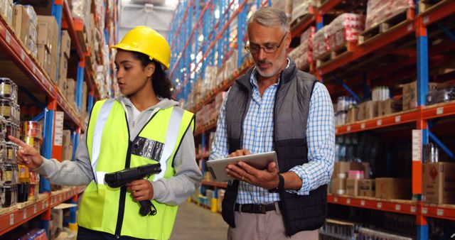 The image shows two workers in a warehouse engaged in inventory management. One female worker wearing a safety vest and helmet is using a barcode scanner, while a male coworker is using a tablet to check inventory data. This image can be used to illustrate concepts related to warehouse management, modern logistics, efficiency, teamwork in industrial settings, or the adoption of technology in the supply chain.