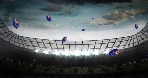 Australian flag rugby balls soaring in stadium sky
