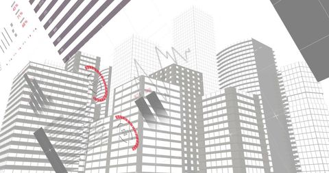 Cityscape with Financial Data Overlay Highlighting Global Connections