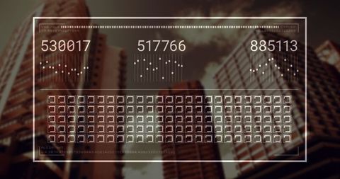 Futuristic hud display with financial data over urban cityscape