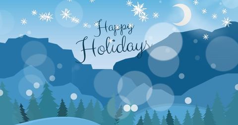 Winter Landscape with Happy Holidays Text and Snowfall