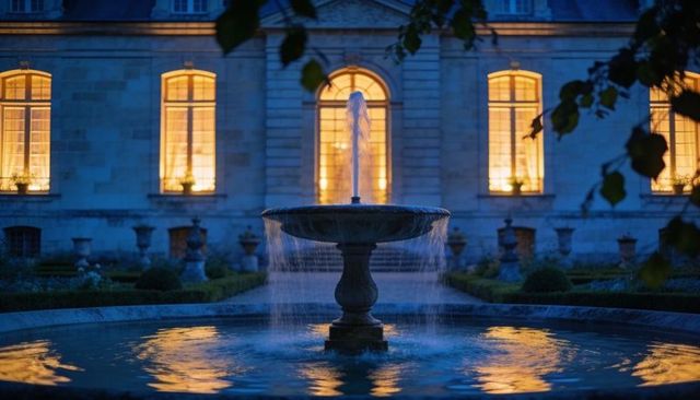 Neoclassical courtyard fountain cascading at dusk with glowing arched window reflections