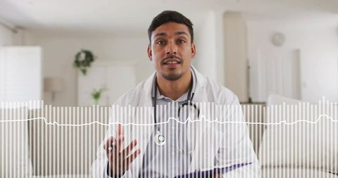 Telemedicine doctor consulting from home living room with stethoscope and ecg overlay