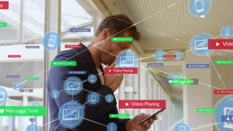 Businessman Testing Social Media App with Virtual Interface Icons