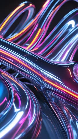 Vertical Loop Metallic Neon Ribbons Twisting and Undulating in Futuristic Dark Void