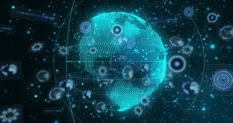Orbiting Holographic Teal Globe in Futuristic HUD Dashboard Displaying Data Streams